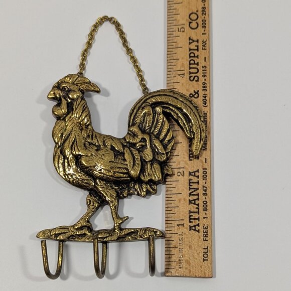 Vintage Solid Brass Rooster Key Holder Farmhouse Wall Decor 5" - Picture 3 of 3